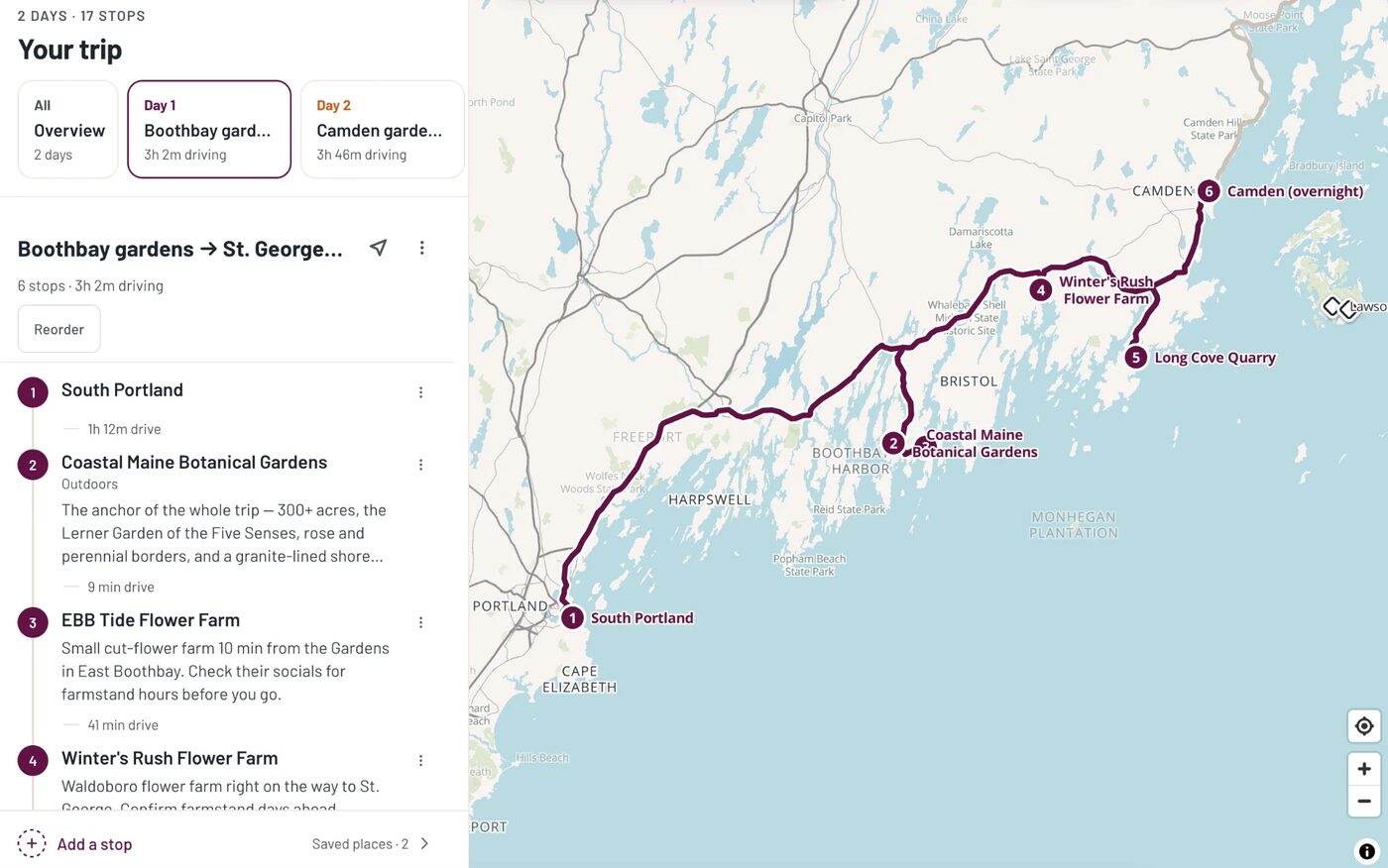 An Augmap trip map for a two-day, 17-stop trip: day one runs from South Portland up the Maine coast past Coastal Maine Botanical Gardens and flower farms to Camden, with the stops listed beside a route on the map